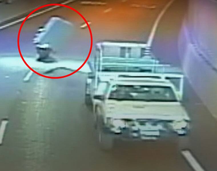 Caught on CCTV Flying mattress hits rider saves his life