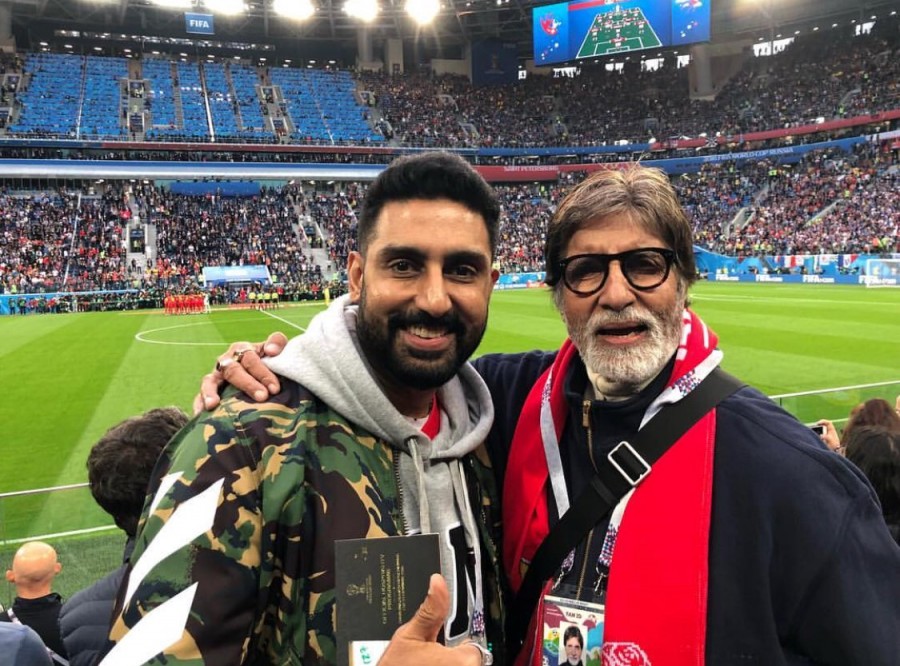 FIFA World Cup Amitabh and Abhishek Bachchan enjoy semi final match in Russia