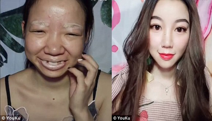 Woman transforms into a completely different person after she tapes her cheeks and wears a fake nose