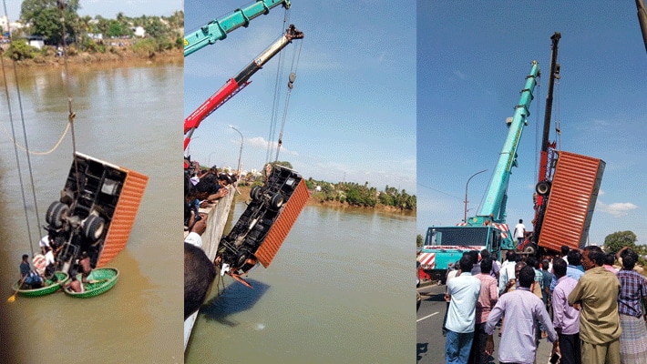 lorry sinking cauvery river; 6 hours struggle Recovery!