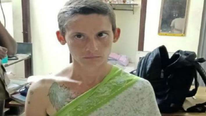 Foreign woman in  Semi-nude at Kanchipuram