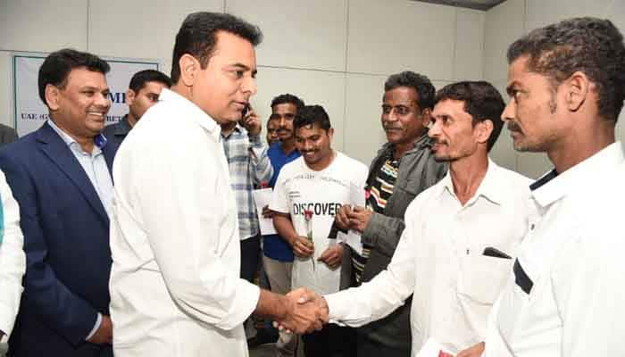 ktr receives gulf amnesty returnees at shamshabad airport