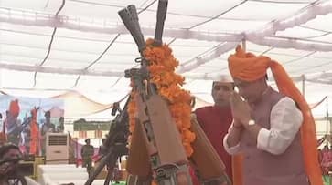 Rajnath Singh performs shastra puja at BSF headquarters in bikaner on Vijayadashmi