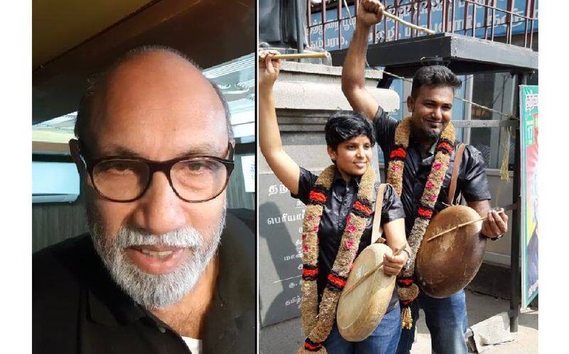 Actor Sathyaraj wishing  activist Kausalya and Parai Artist Sakthi on their wedding