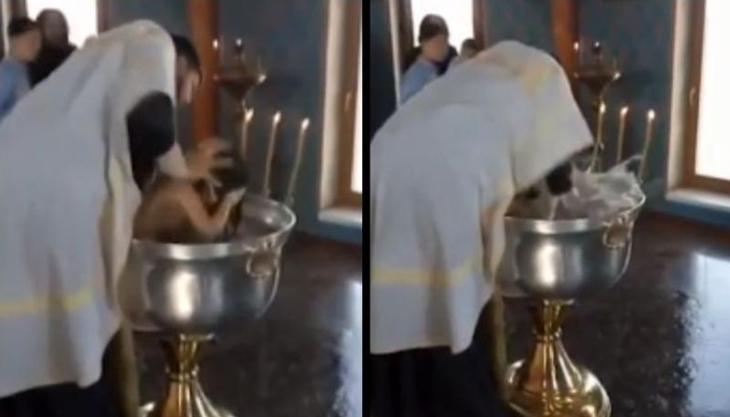 Russian priest violently pushing the head of a two-year-old girl underwater.