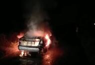 A fire in the moving car on the road in Bulandshahr