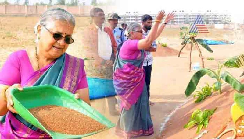 Infosys chief Sudha Murthy offers pooja to crop in Mysore as a lady farmer