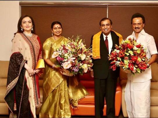 mukesh ambani and nita ambani reach chennai to invite dmk in their son's wedding