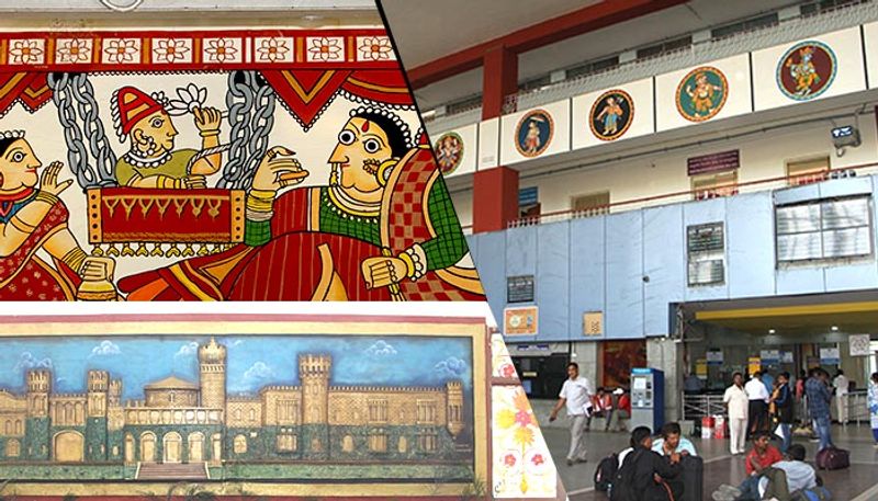 Artwork traditional paintings welcome passengers Bengaluru railway station