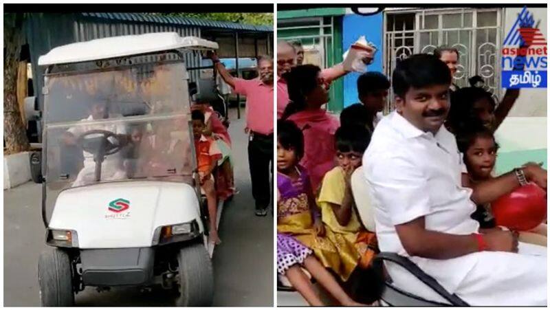 Minister Vijaypasakar drove the vehicle and encouraged children