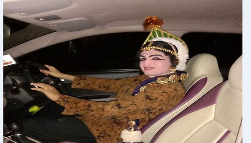 Bizarre Yakshagana Artist Nilkod Shankar Hegde Driving His Car with Makeup