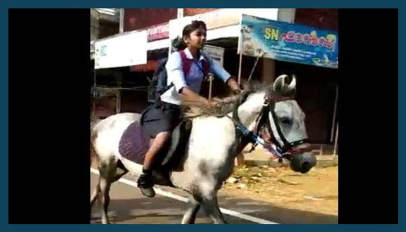 Girl rides horse to reach school