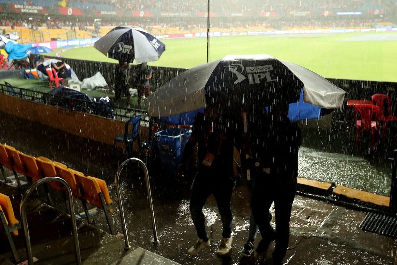 IPL 2024 Rain Interrupt RCB vs CSK match Chinnaswamy Stadium Bengaluru play stopped ckm