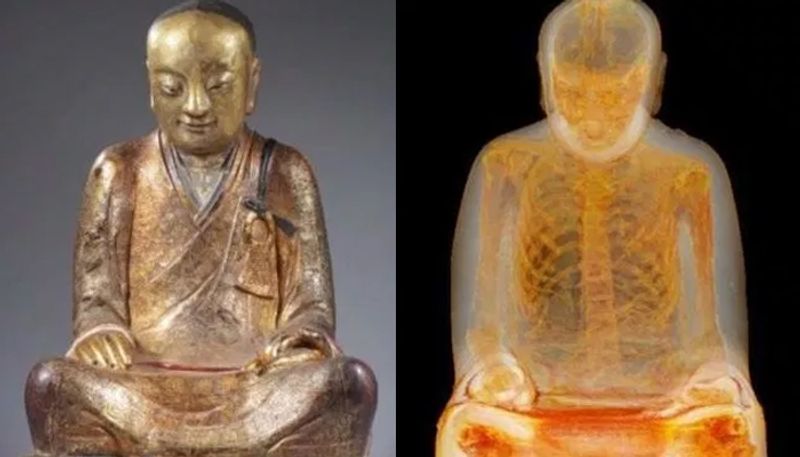 researchers surprised to see skeleton of self mummified budhist monk inside 1000 year old statue