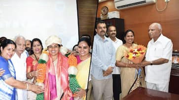 Karnataka BJP president Yeddyurappa felicitates Shobha Karandlaje for Lok Sabha win
