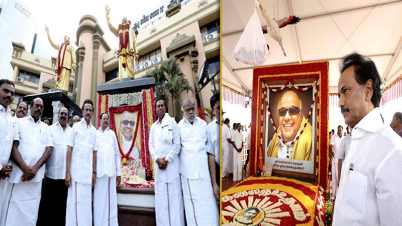 Stalin pays respect to karunanidhi Memorial video..