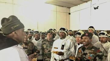 Defence Minister Rajnath Singh meets troops in Siachen with army chief General Bipin Rawat