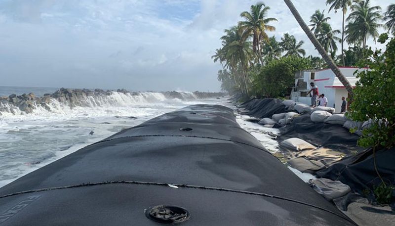 sea wall construction with geo bags in sea surge areas of chellanam