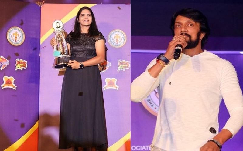 Actor Kichcha sudeep praise cricketer veda krishna murthy during KPL trophy launch