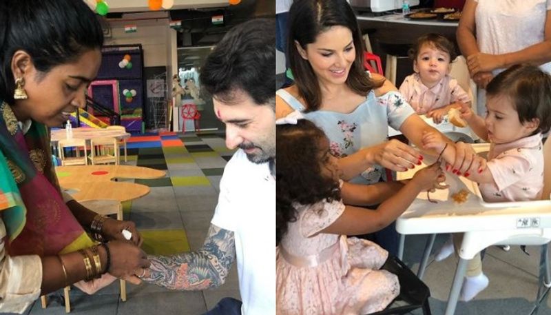 Sunny Leone helps daughter Nisha tie rakhis on brother Noah and Asher Pics