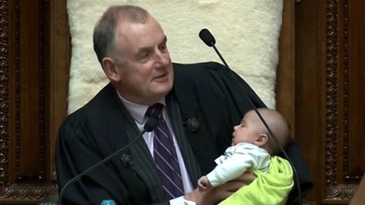 New Zealand Speaker Cradling and Feeding Baby...Parliament Session