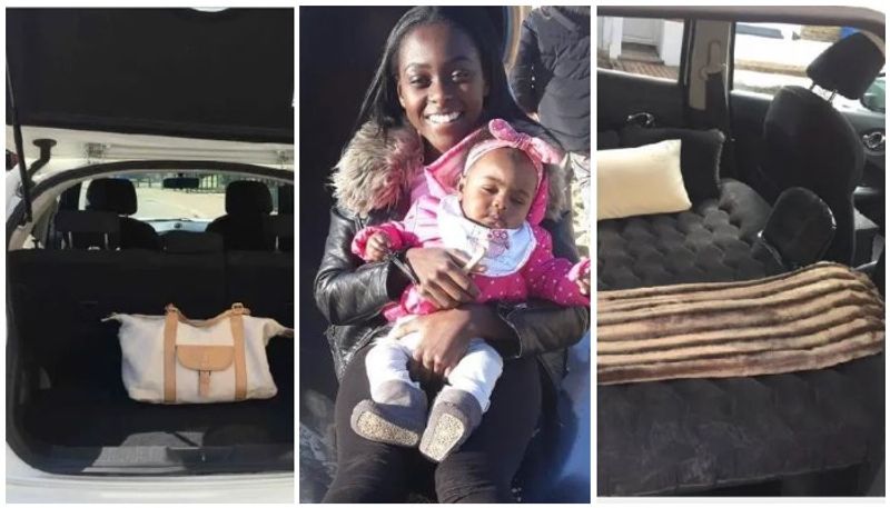 single mother puts back seat of her car to rent room