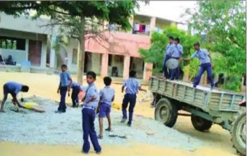 Private school uses students for building construction work in Chamarajnagar