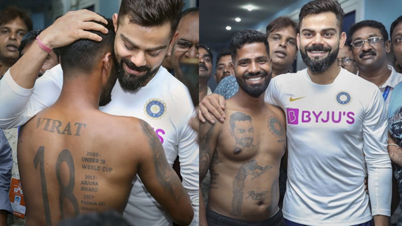 Team India Cricket Captain Virat Kohli Hugs Fan With Jersey Number Achievements Tattooed On His Body