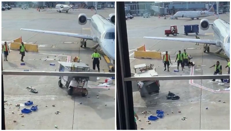 viral video of Catering vehicle spins out of control close to flight