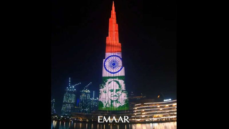 Burj Khalifa decorated on Gandhi jayanti day.