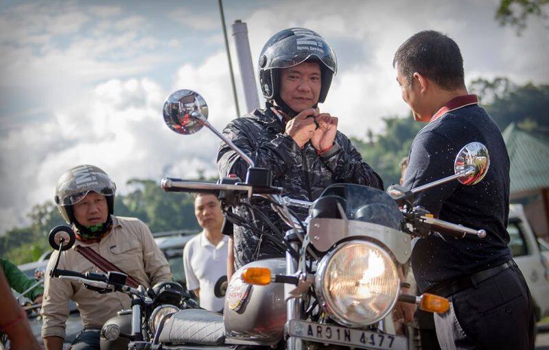 Arunachala pradesh cm pema khandu bike rides on a Royal Enfield Interceptor 650