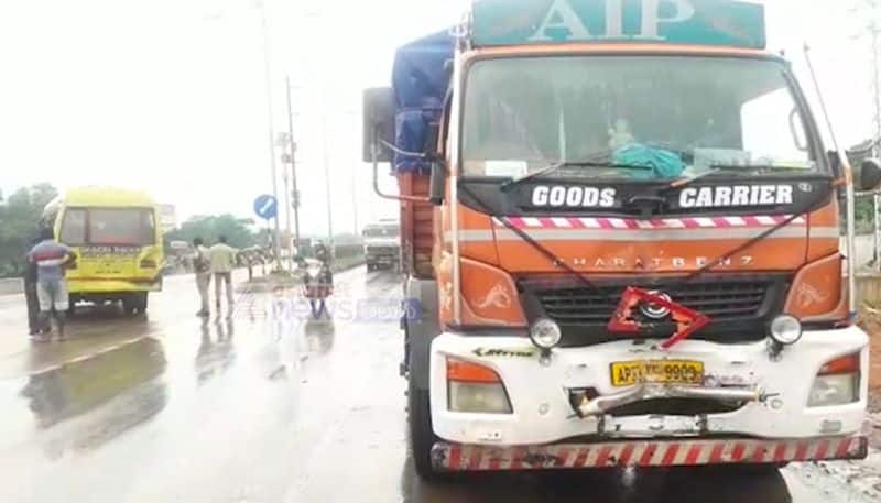 Road mishap in krishna district lorry hits school bus