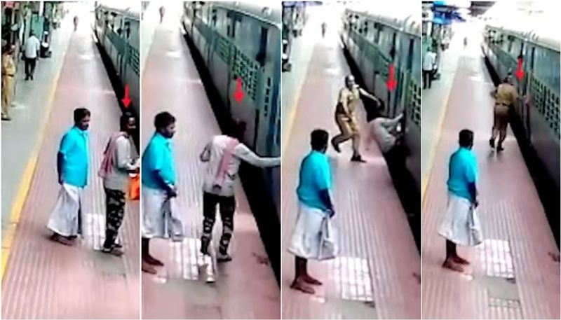 RPF personnel saves passenger who slipped from moving train Coimbatore video goes viral