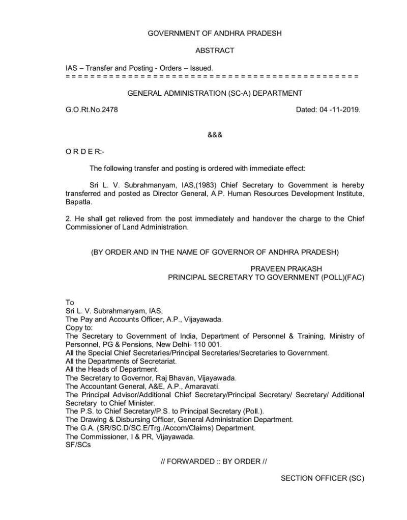 Andhra pradesh Chief Secretary LV Subramanyam transferred to Bapatla HRD institue