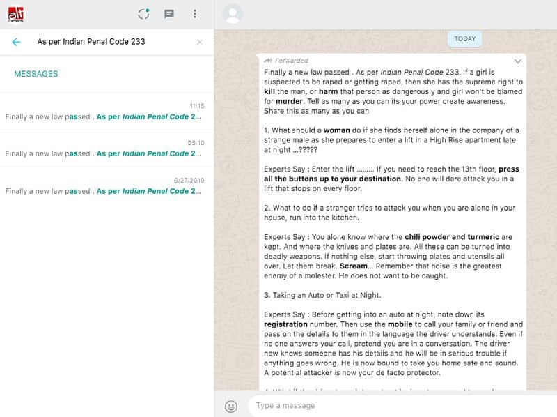 truth of the whatsapp message says women get provision to kill attackers