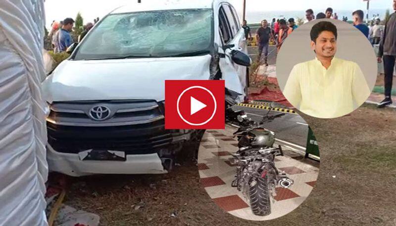 tdp leader bandaru satyanarayana son car accident and hits bike in visakha beach road