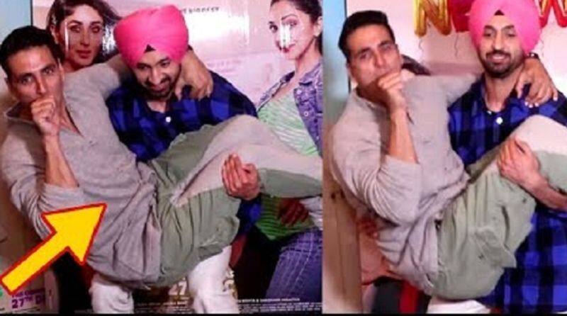 Diljit lifts akshay kumar in stage of good news movie promotion video goes viral