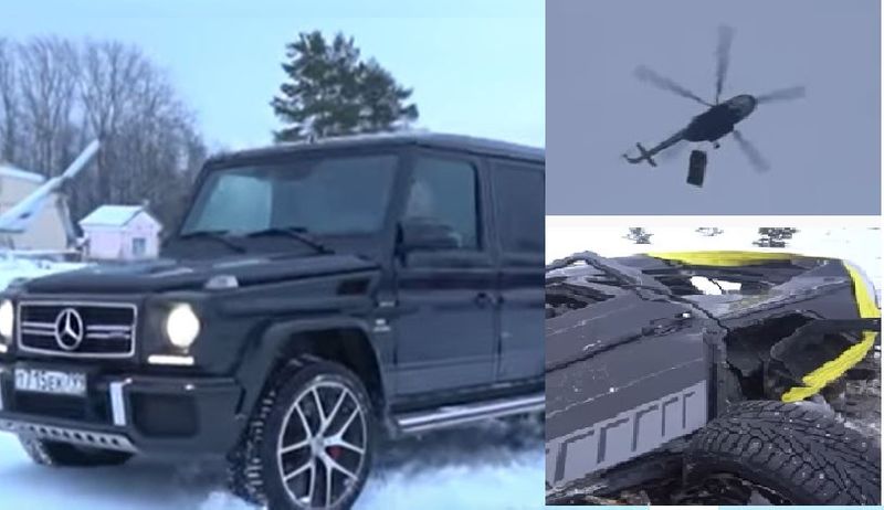 Russia Man destroy his Mercedes AMG G63 car dropping from helicopter