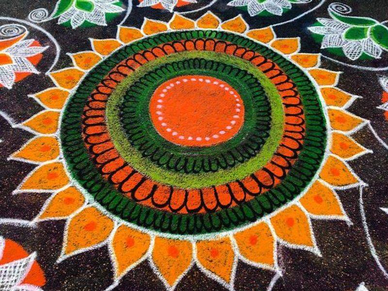 lotus kolam had done by bjp supporters in tamilnadu