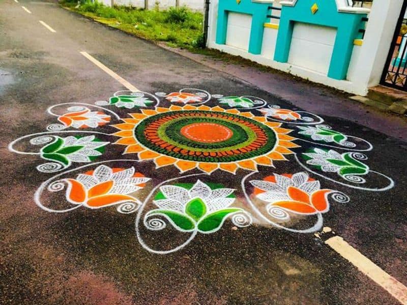 lotus kolam had done by bjp supporters in tamilnadu