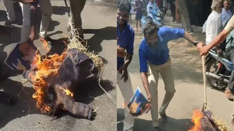 thuglak 50th anniversary function... rajinikanth effigy burned by protesters