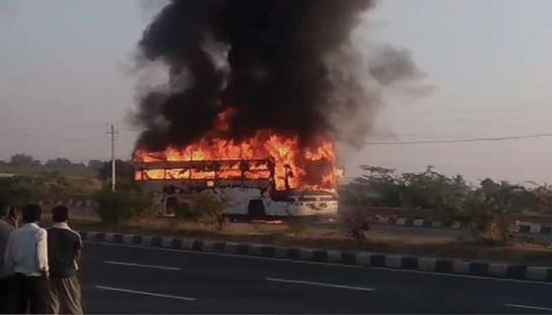 Fire Catches On Volvo Bus in Chitradurga