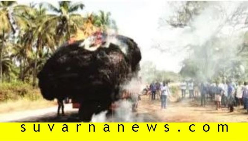 Fire in lorry which was carrying grass in udupi