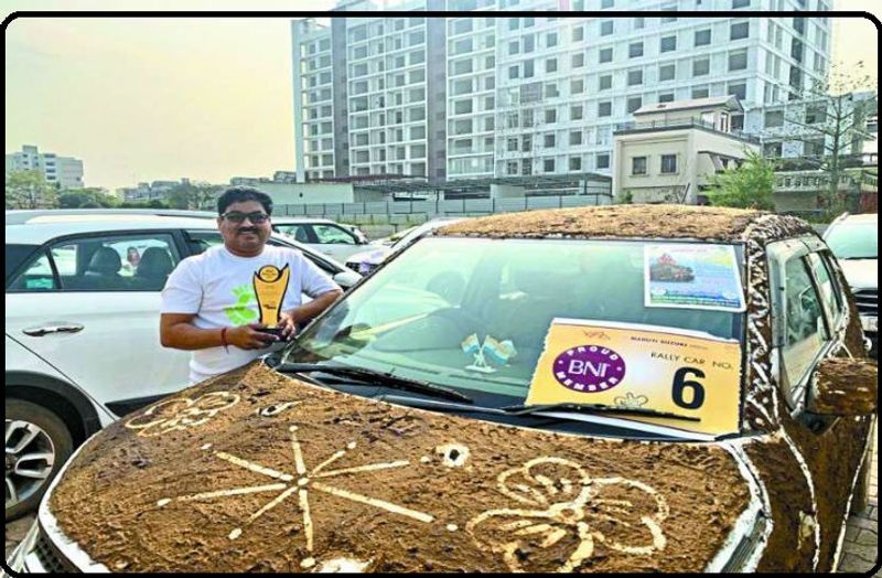 Cow dung covered maruti ignis car bags 1st prize in car rally raipur