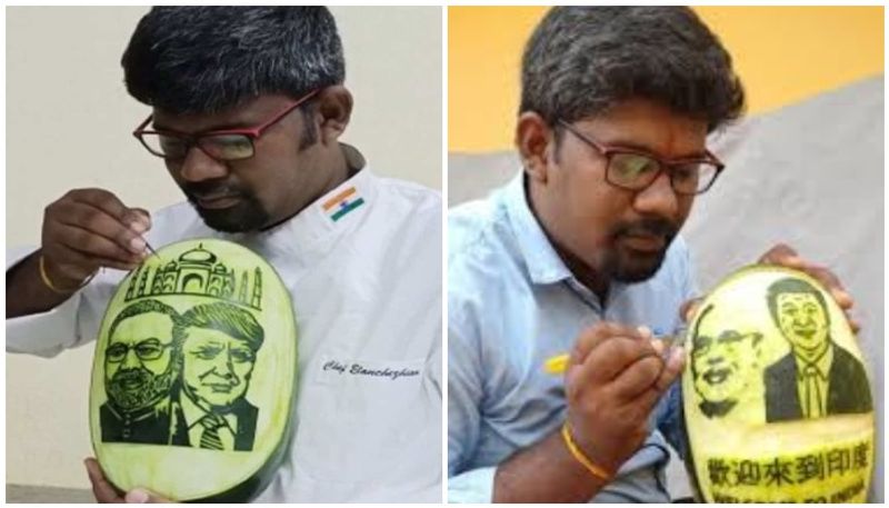 carving on watermelon images of trump and modi by artist