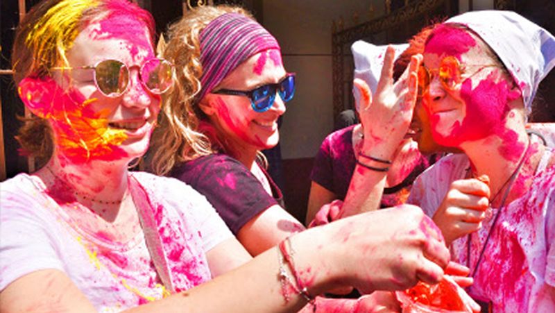 Foreign Tourists Celebrate Holi Festival in Hampi in Ballari District