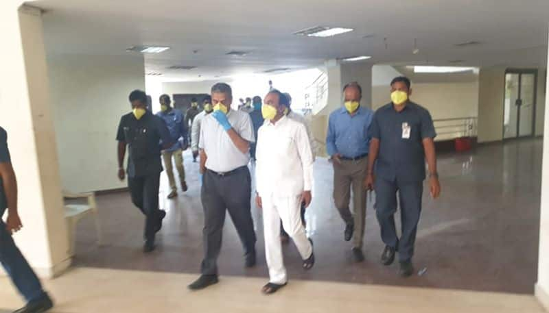 coronavirus effect...  minister eetela rajender inspected  gachibowli sports complex