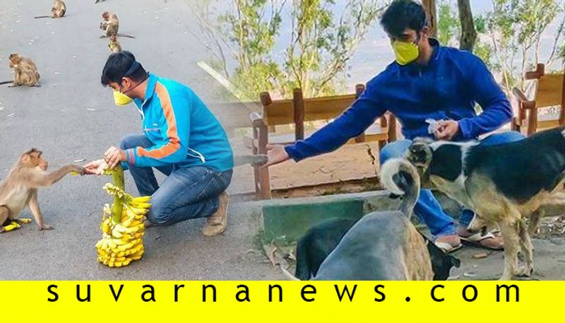 Kannada actor Chandan kumar feeds monkeys and Stary dogs in Nandi hills