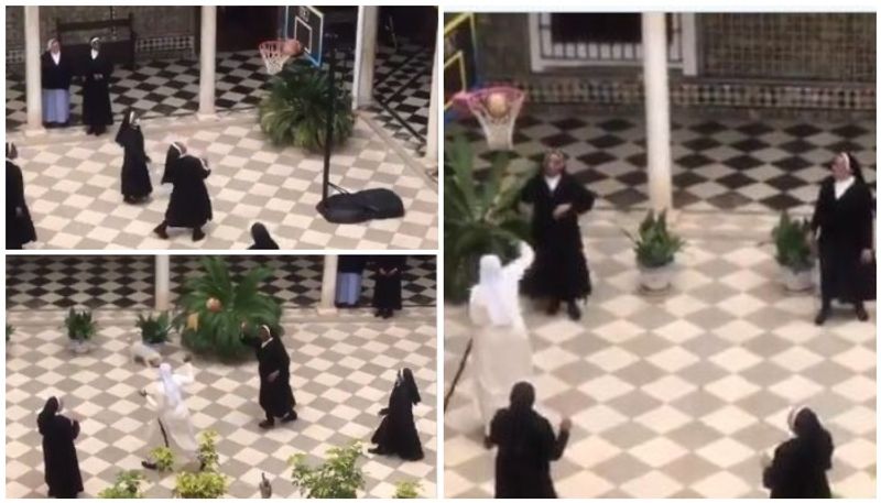 Nuns at the San Leandro convent in Seville seen playing a quick game of basketball