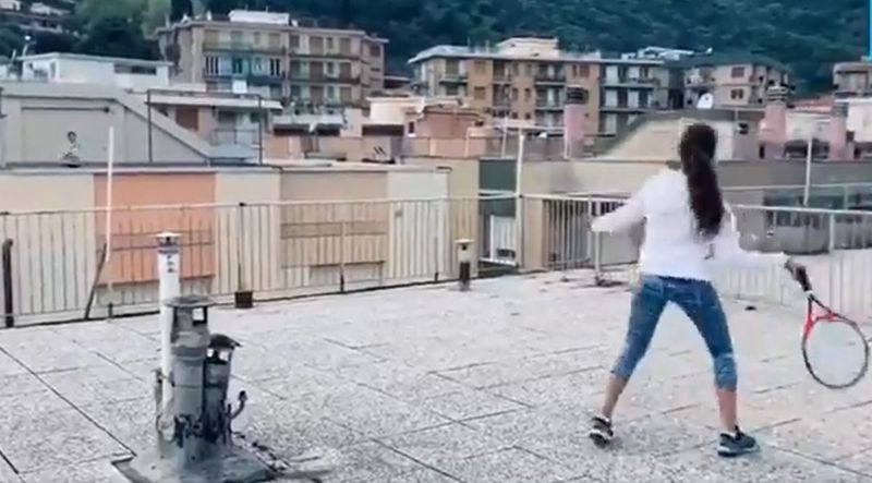 Watch video two girls playing tennis in roof of home